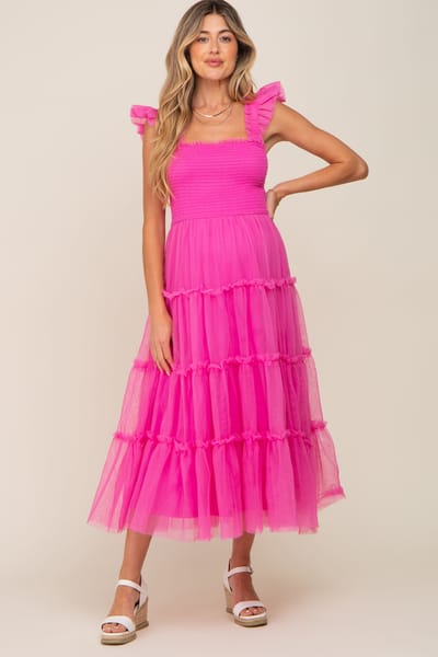 BiBi Fuchsia Smocked Mesh Ruffle Accent Maternity Midi Dress