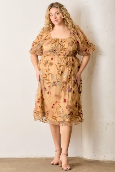 Polagram Dark Yellow Floral Embroidered Mesh Plus Dress