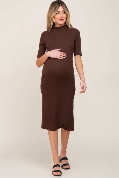 PinkBlush Brown Ribbed Mock Neck Maternity Midi Dress