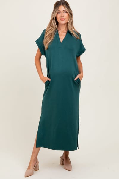 PinkBlush Forest Green Collared Short Sleeve Maternity Midi Dress