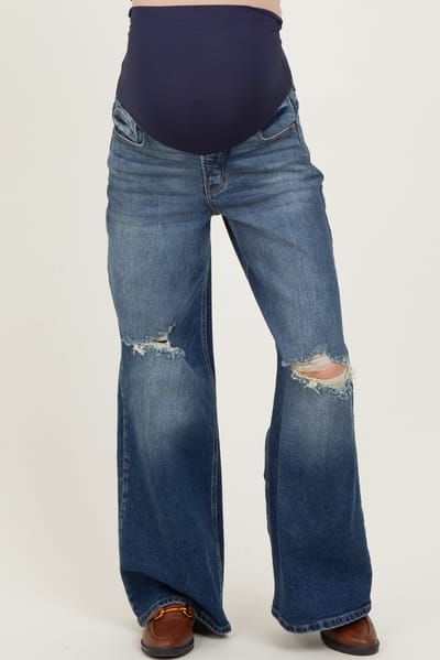 Cello Jeans Navy Distressed Open Knee Baggy Wide Leg Maternity Jeans