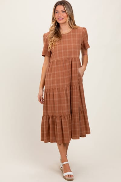 Tea N Rose Rust Plaid Tiered Short Sleeve Dress