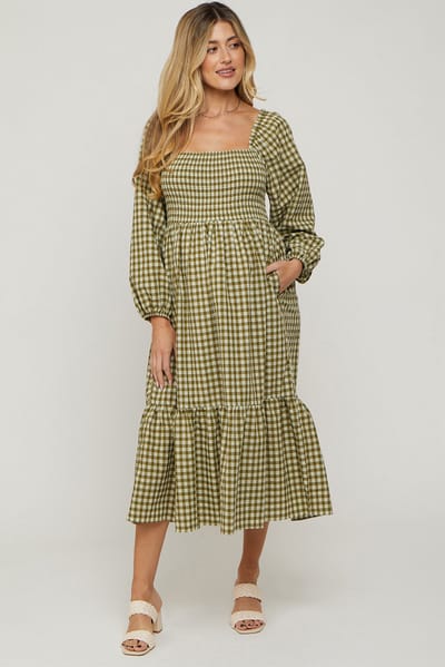 Elloh Olive Gingham Long Sleeve Maternity Midi Dress
