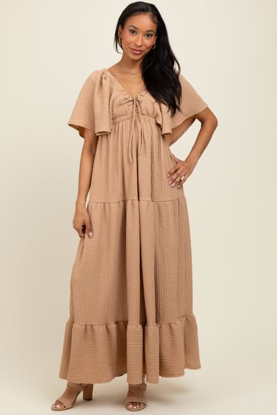 Rhea + Thea Taupe Woven Textured Flutter Sleeve V-Neck Tiered Maxi Dress