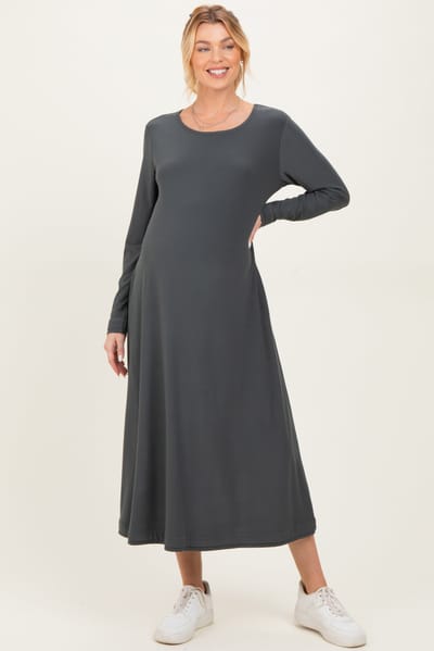 PinkBlush Olive Relaxed Fit Long Sleeve Basic Maternity Dress