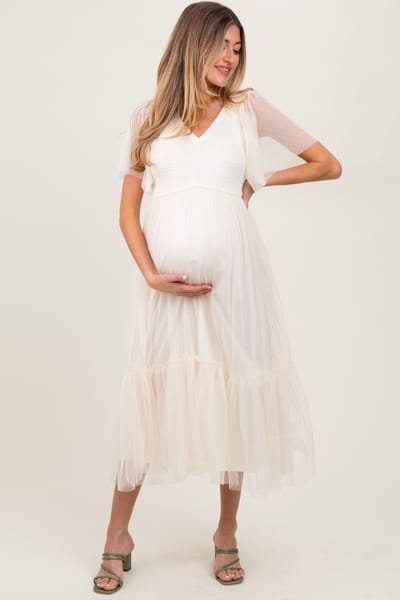 PinkBlush Beige Dotted Tulle Smocked Maternity Midi Dress