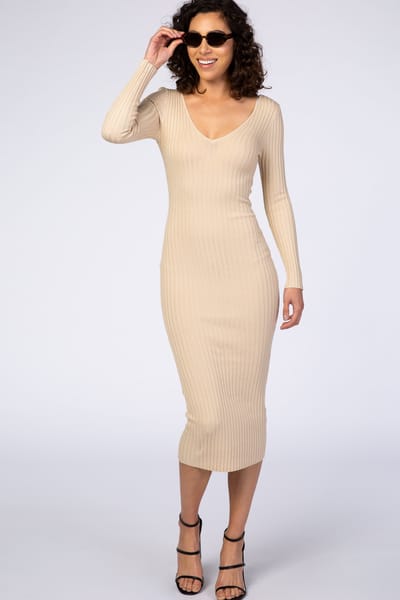 Rhea + Thea Taupe V-Neck Long Sleeve Fitted Maxi Dress