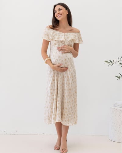 Angel Maternity Mika Maternity Ruffle Dress in Cream Floral Silky
