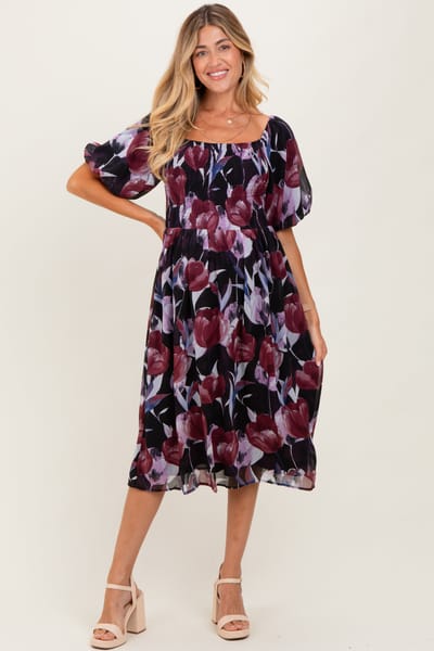 She + Sky Plum Tulip Floral Smocked Puff Sleeve Maternity Midi Dress