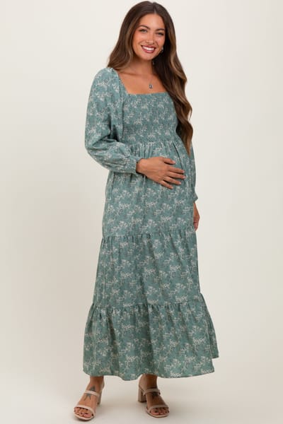 PinkBlush Light Olive Floral Smocked Square Neck Maternity Maxi Dress