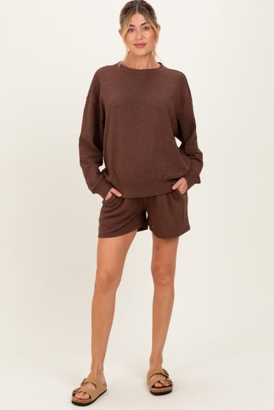 Zenana Outfitters Brown Maternity Pullover & Shorts Set