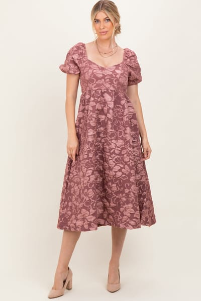 Mine and E&M Mauve Floral Jacquard Puff Sleeve Midi Dress