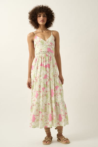 Promesa Pink Mint Floral V Neck Wrap Open Back Maxi Dress