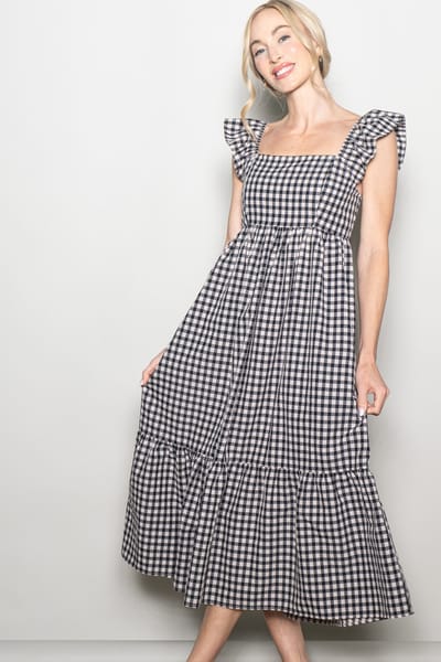 Elloh Black Gingham Ruffle Strap Midi Dress