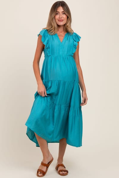 PinkBlush Aqua Ruffle Sleeve Tiered Maternity Midi Dress