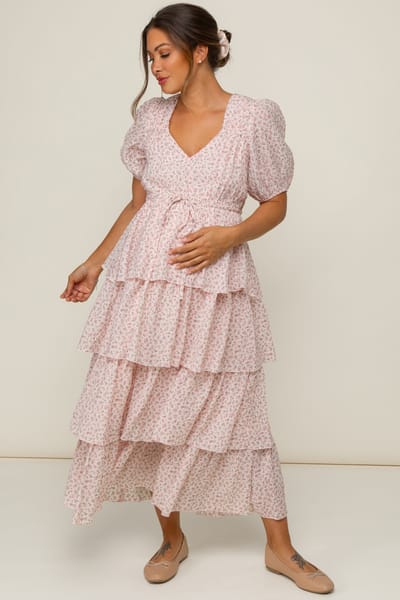 PinkBlush Light Pink Floral Ruffle Tiered Maternity Maxi Dress
