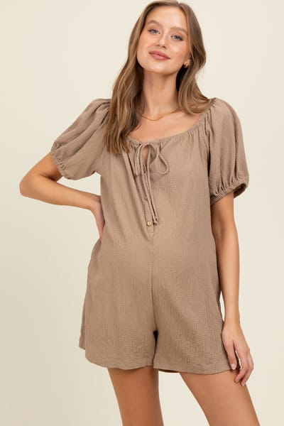 Ces Femme Mocha Button Up Front Tie Puff Sleeve Maternity Romper
