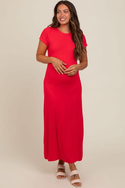 PinkBlush Red Short Sleeve Maternity Midi T-Shirt Dress