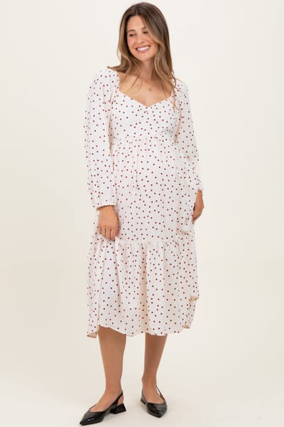 PinkBlush Cream Polka Dots Sweetheart Neck Maternity Midi Dress