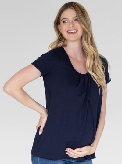 Angel Maternity Petal Front Short Sleeve Nursing Top in Navy