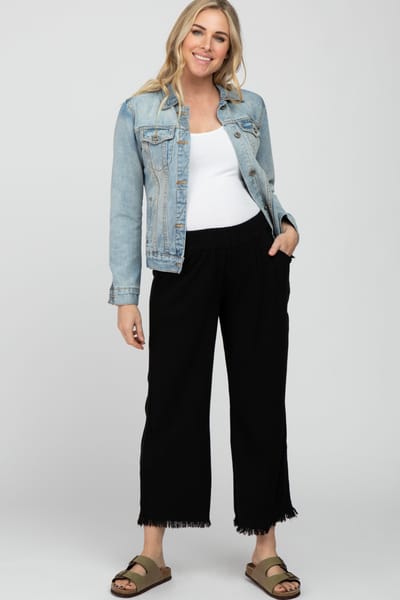 Umgee Black Linen Frayed Hem Crop Maternity Pants