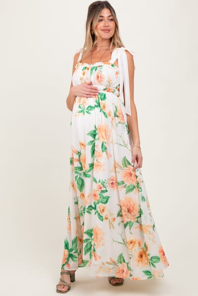 Flying Tomato Peach Tropical Floral Shoulder Tie Maternity Maxi Dress