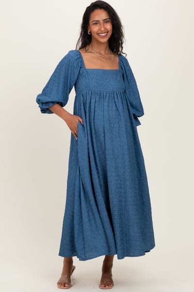 PinkBlush Blue Textured 3/4 Puff Sleeve Maternity Maxi Dress