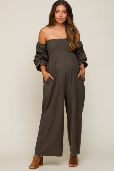 Elloh Olive Linen Smocked Off Shoulder Wide Leg Maternity Jumpsuit