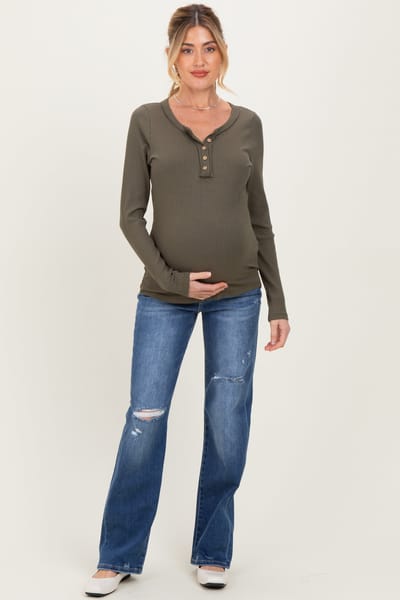 PinkBlush Navy Distressed Open Knee Straight Leg Maternity Jeans