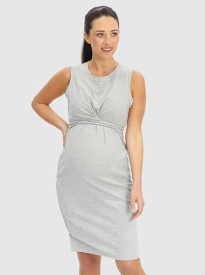 Angel Maternity Sleeveless Maternity & Nursing Tie Knot Dress in Marl Grey