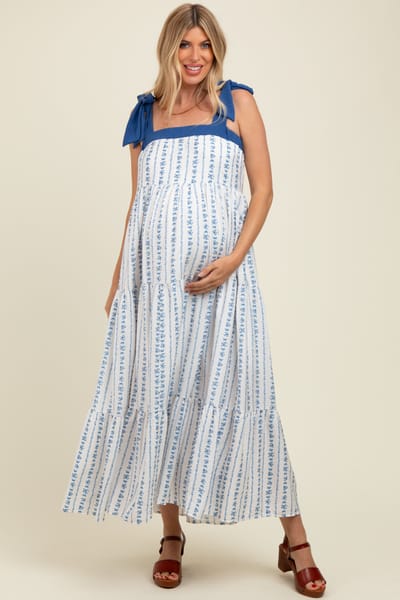 PinkBlush Blue/White Ditzy Floral Sleeveless Tiered Maternity Maxi Dress