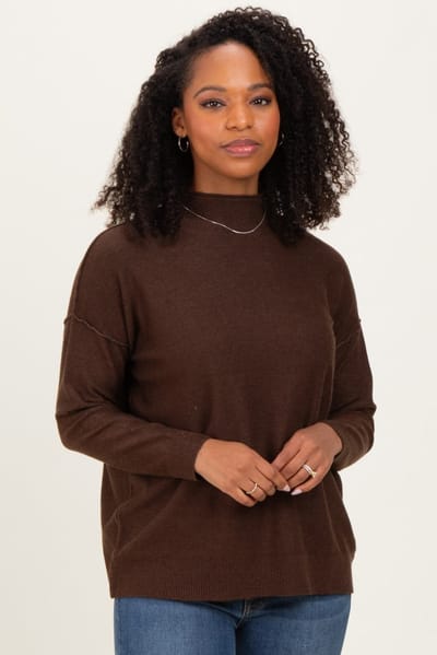 Zenana Outfitters Brown Mock Neck Exposed Seam Sweater