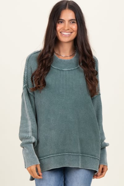 Zenana Outfitters Jade Washed Side Slit Oversized Sweater