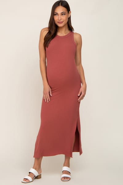 Mitto Rust Ribbed Maternity Side Slit Tank Dress