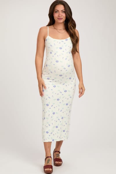 PinkBlush White Ultra Soft Knit Floral Sleeveless Maternity Midi Dress