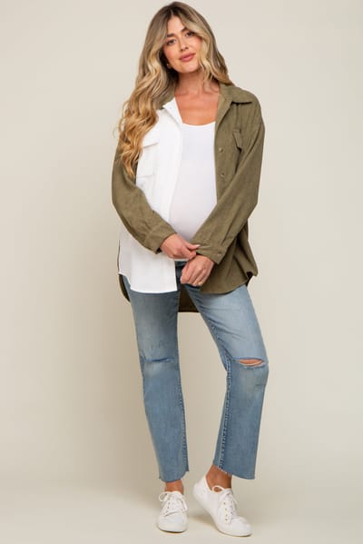 ADORA Olive Color Block Corduroy Button Down Maternity Top