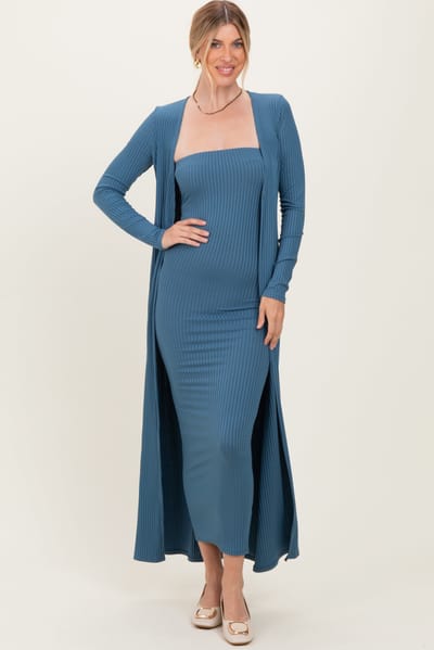 Rhea + Thea Navy Ribbed Sleeveless Dress Cardigan Set