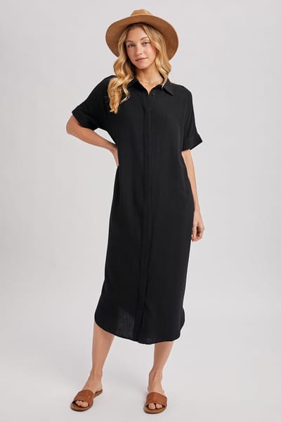 Bluivy Black Button Down Midi Shirt Dress