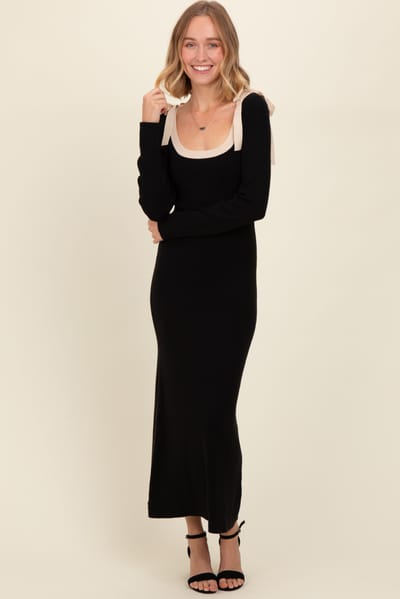 ABLE Black Shoulder Bow Detail Maxi Sweater Dress