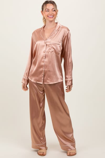 Zenana Outfitters Gold Satin Contrast Trim Long Sleeve Pajama Set