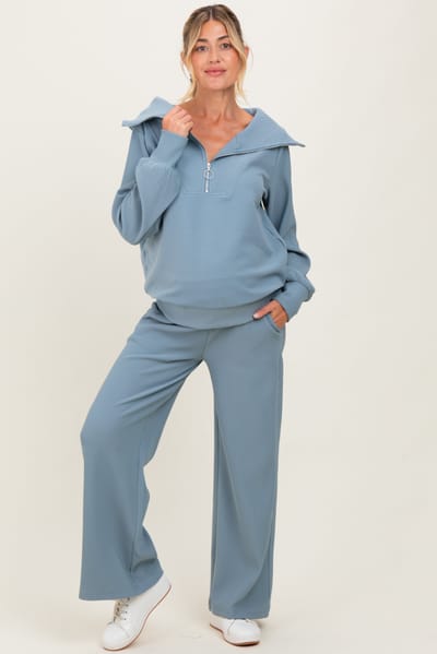 Zenana Outfitters Light Blue RIbbed Half Zip Pullover Wide Leg Pant Maternity Set