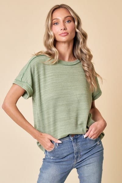 Lovely Melody Light Olive Ribbed Exposed Seam Short Sleeve Top