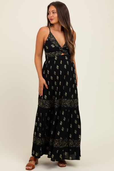 PinkBlush Black Printed Twist Front Cutout Maternity Maxi Dress