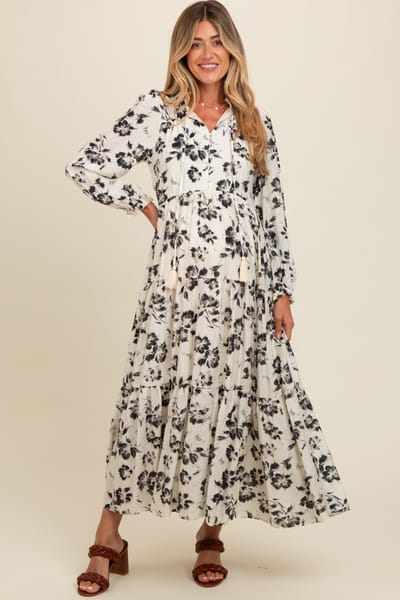 PinkBlush Black Floral Button Front Tiered Long Sleeve Maternity Maxi Dress