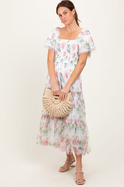 Tea N Rose Ivory Floral Mesh Smocked Midi Dress