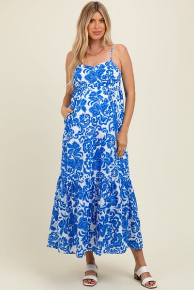 Sugarlips Blue Floral Flowy Ruffle Hem Maternity Maxi Dress