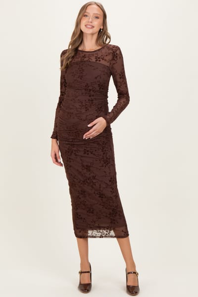 Blue S Brown Floral Flocked Mesh Long Sleeve Maternity Midi Dress