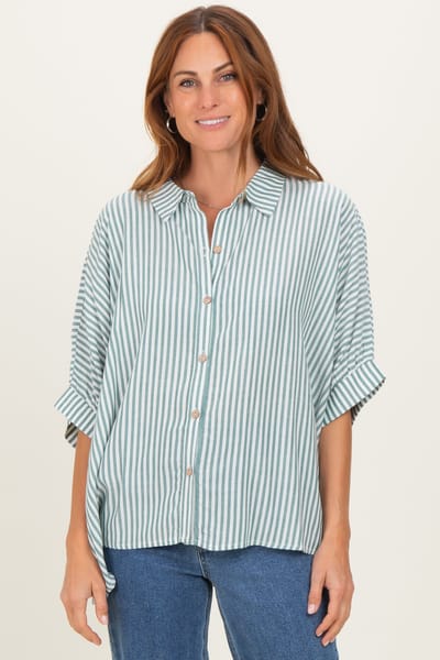 Zenana Outfitters Forest Green Striped Button Up Dolman Top