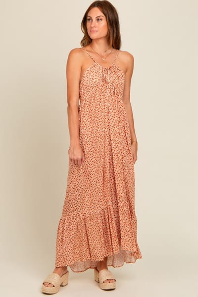 Elloh Beige Floral Tie Front Maxi Dress