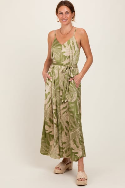 Dress Forum Lime Green Leaf Print Sash Tie Midi Dress